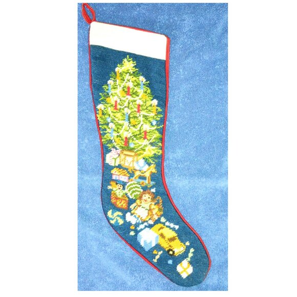 Handmade Needlepoint Christmas Stocking Vintage Toy Tree Scene Holiday Decor - Picture 1 of 5